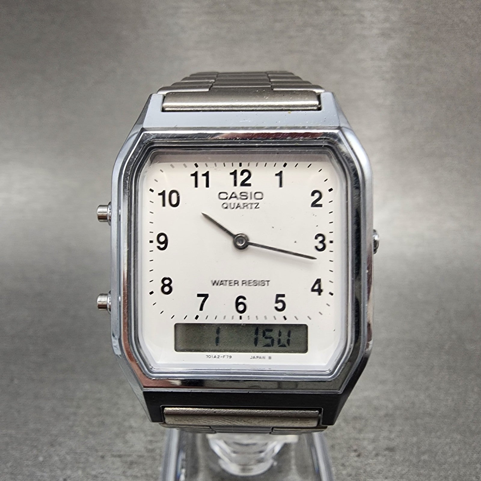 Casio AQ230 Watch Men 30mm White Dial Silver Tone Alarm Chrono New Battery0