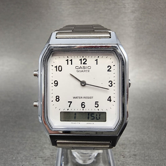 Casio AQ230 Watch Men 30mm White Dial Silver Tone Alarm Chrono New Battery0