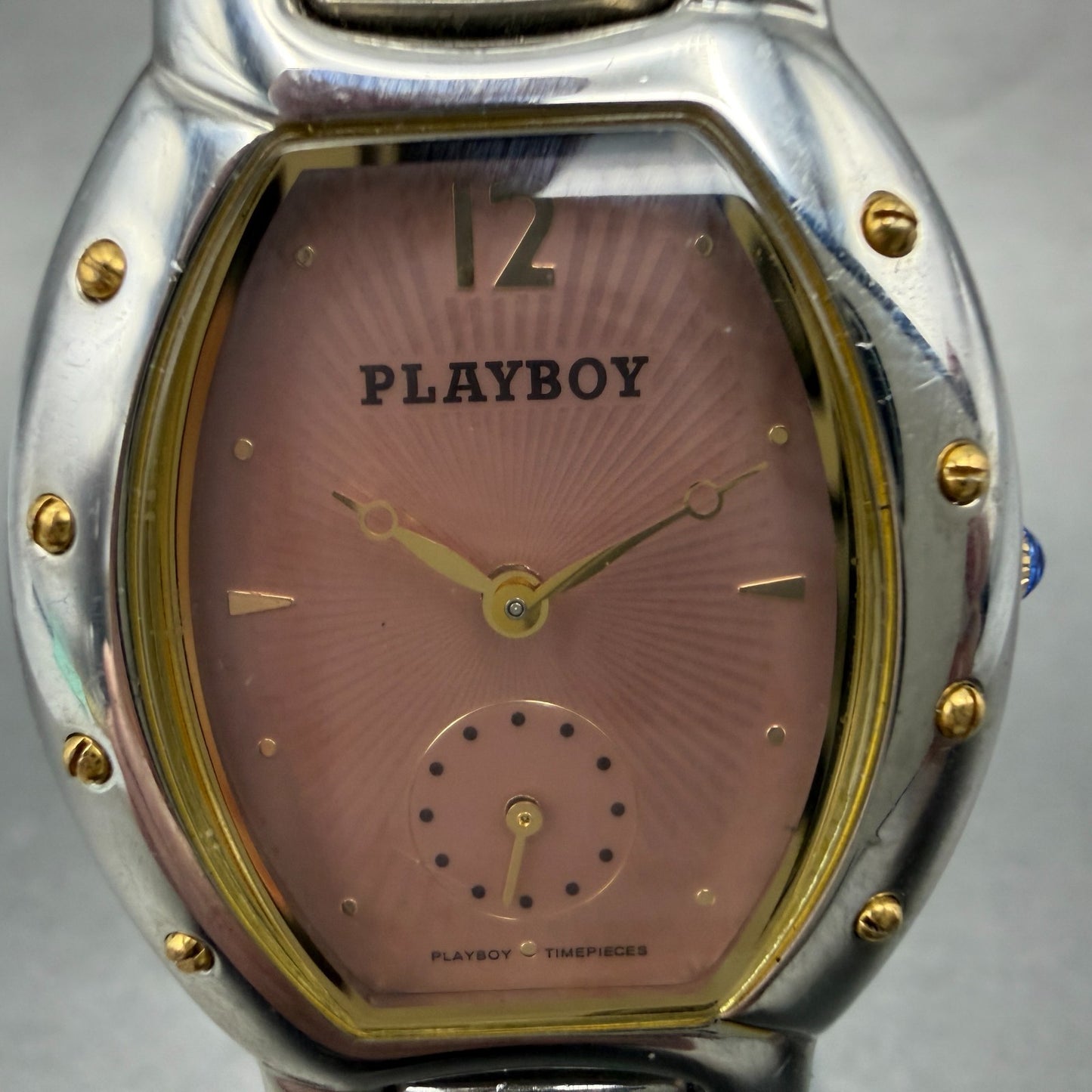 Playboy Watch Unisex 29mm Pink Dial Silver Tone Oval Small Seconds New battery1