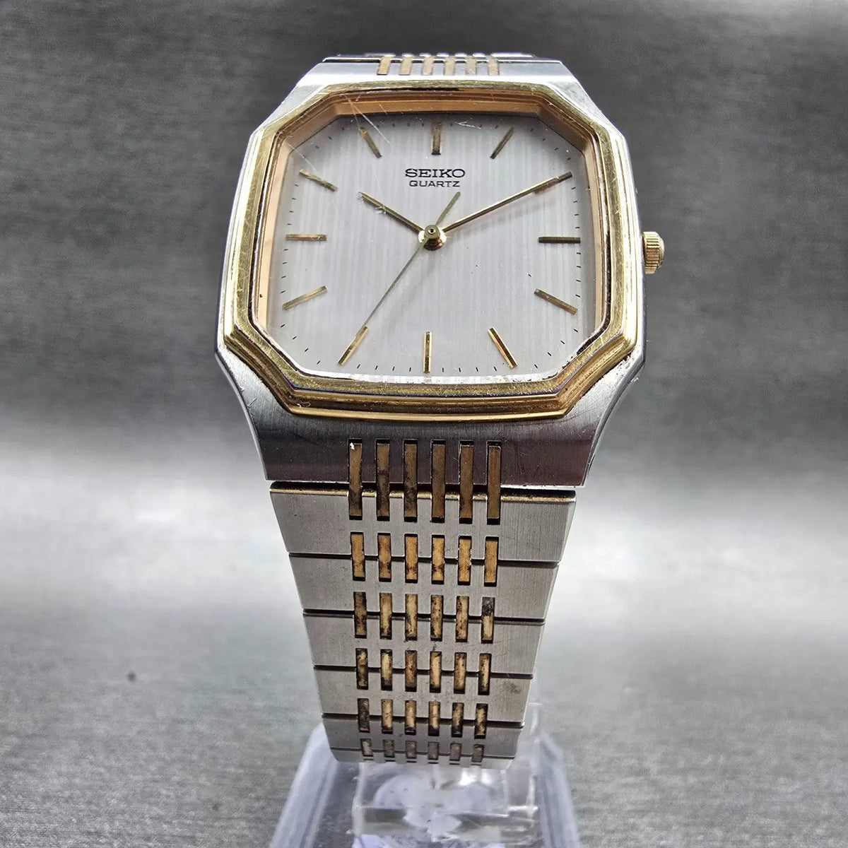 Seiko Watch Men 31mm Silver Dial Two Tone Rectangle 6030-5080 New Battery5