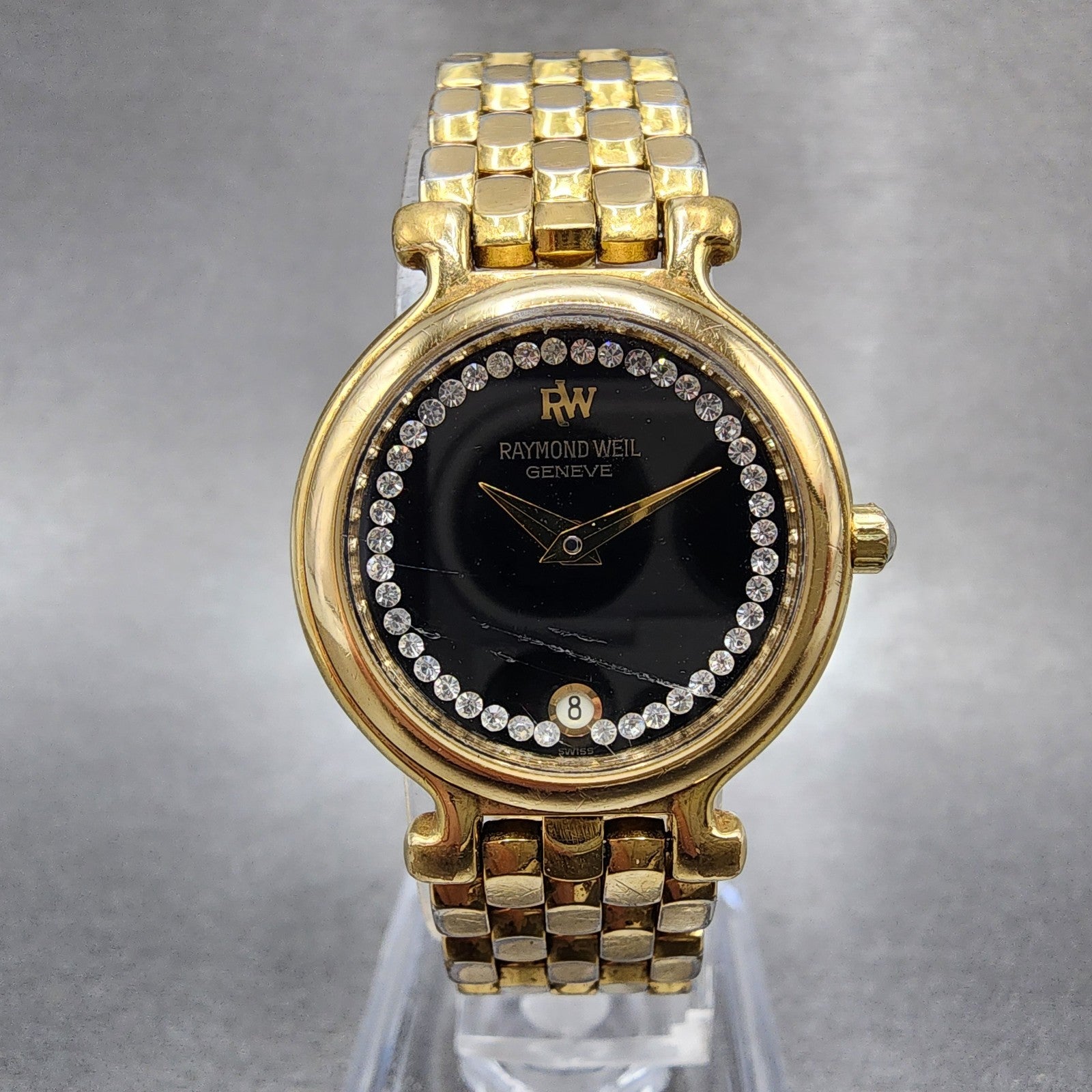 Raymond Weil Watch Women 24mm Black Dial Gold Plated Diamonds 9937 New Battery0