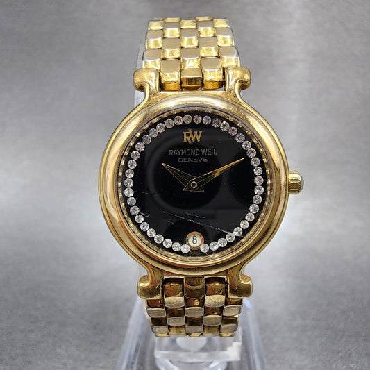 Raymond Weil Watch Women 24mm Black Dial Gold Plated Diamonds 9937 New Battery0