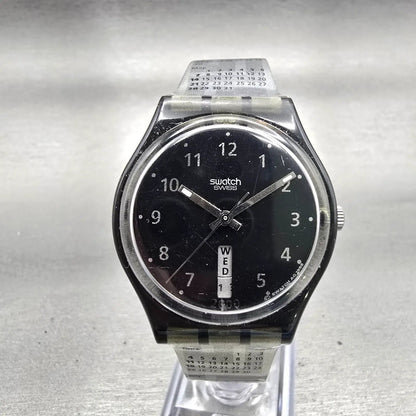 Swatch IT'S HERE Watch Women Black Dial Black Case Daydate GB741 New Battery0