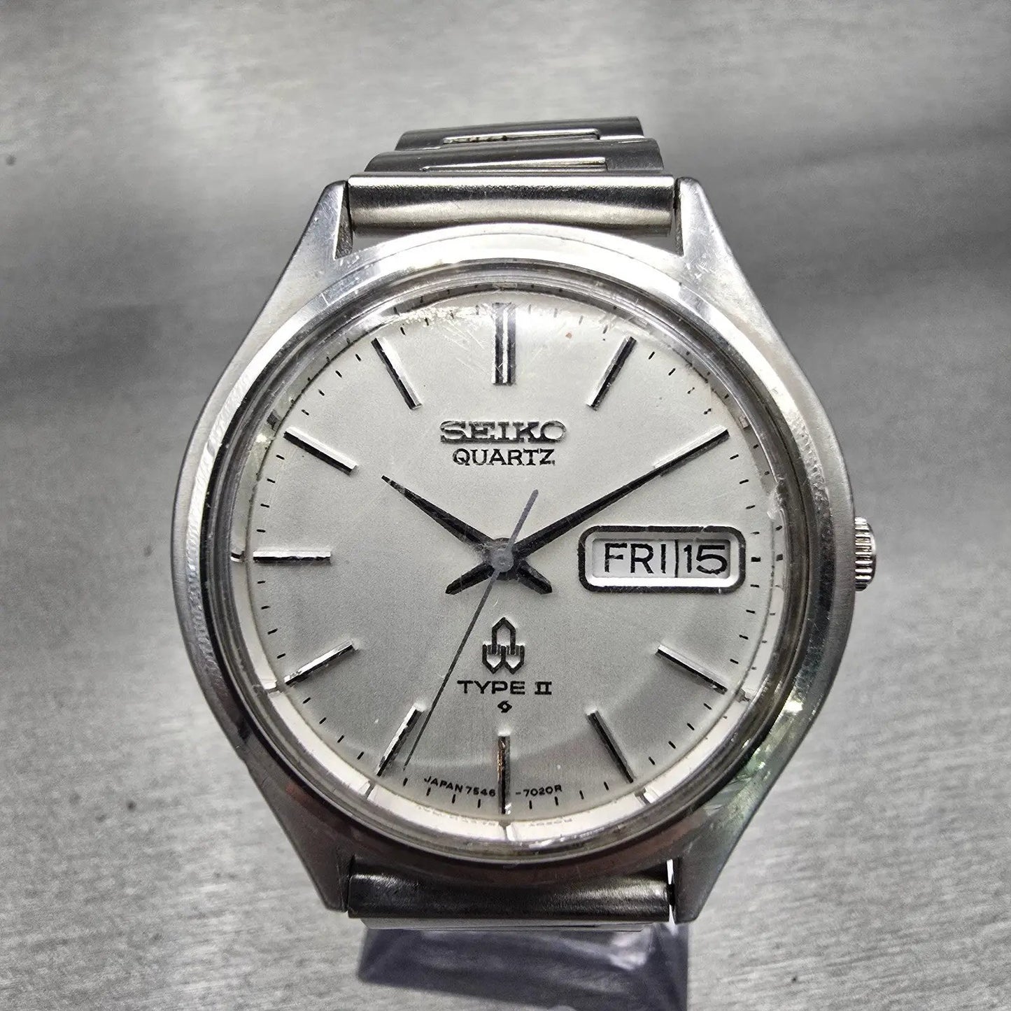 Seiko Type II Watch Men 36mm Silver Dial Silver Tone Daydate 7546-7010 New Batt0