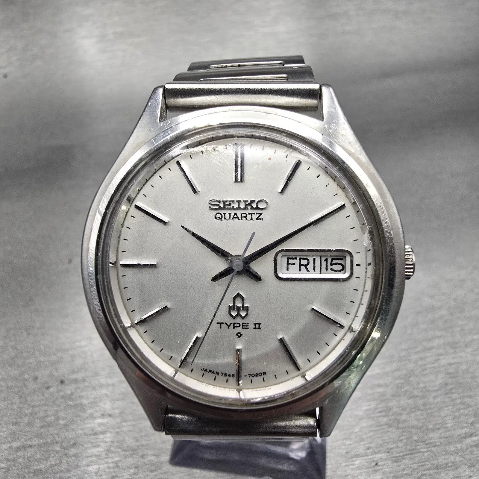 Seiko Type II Watch Men 36mm Silver Dial Silver Tone Daydate 7546-7010 New Batt0