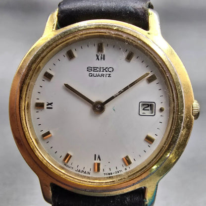 Seiko Watch Women 27mm White Dial Gold Tone Date Round 7N89-0201 New Battery VTG1