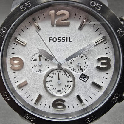 Fossil Chronograph Watch Men 50mm White Dial Black Tone Date JR-1427 New Battery1