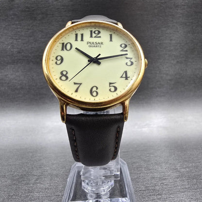 Seiko Pulsar Watch Men 36mm Luminous Dial Gold Tone Round V501-0A50 New Battery5