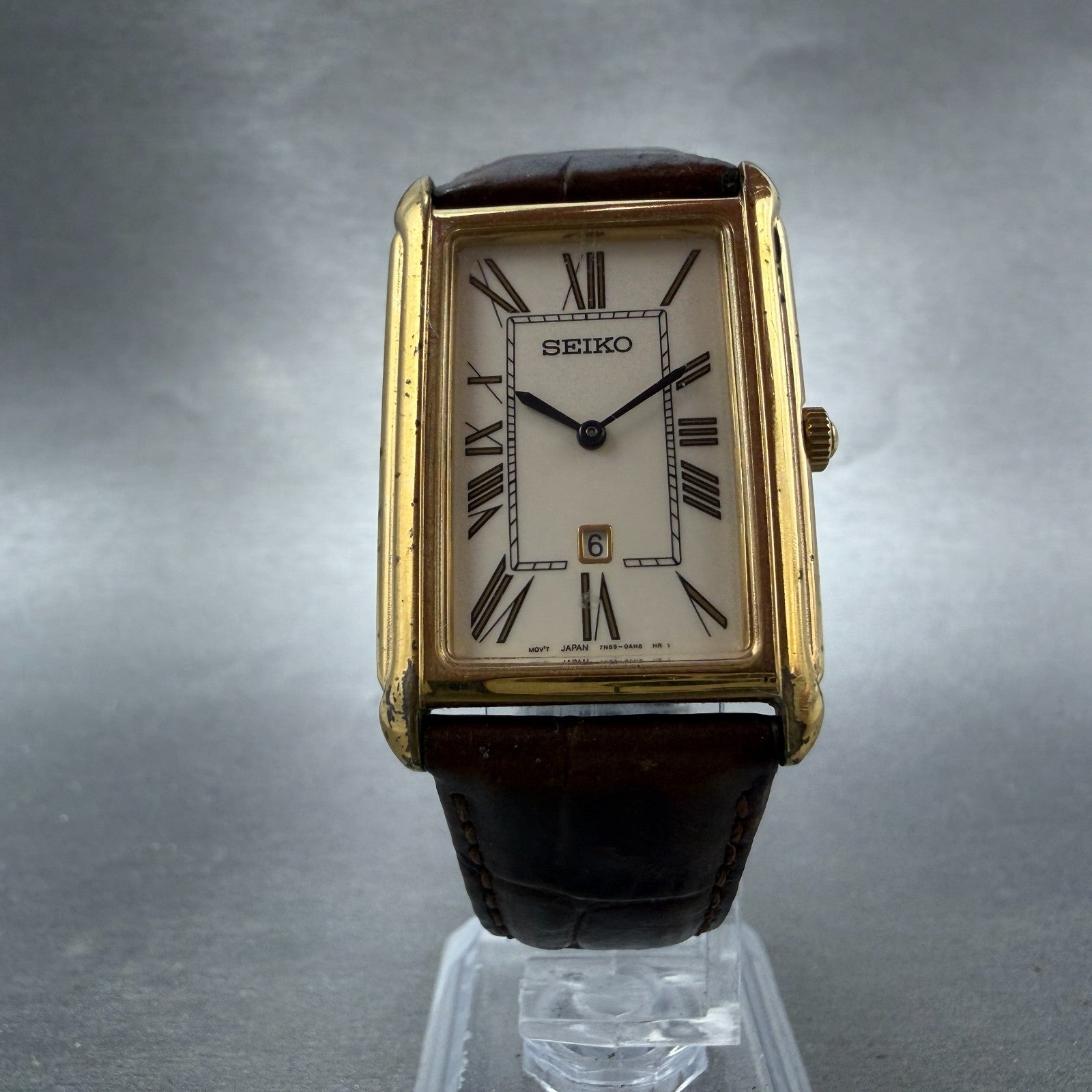 Seiko Tank Watch Men 26mm White Dial Gold Tone Date 7N89-0AD0 New Battery VTG5