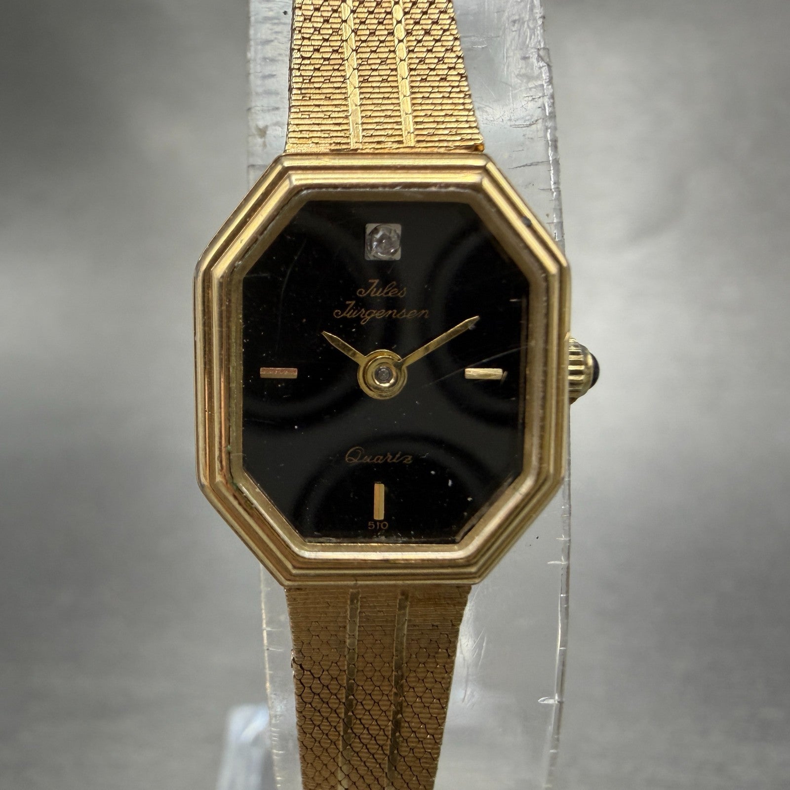 Jules Jurgenson Watch Women 15mm Black Dial Gold Tone Octagon New Battery VTG0