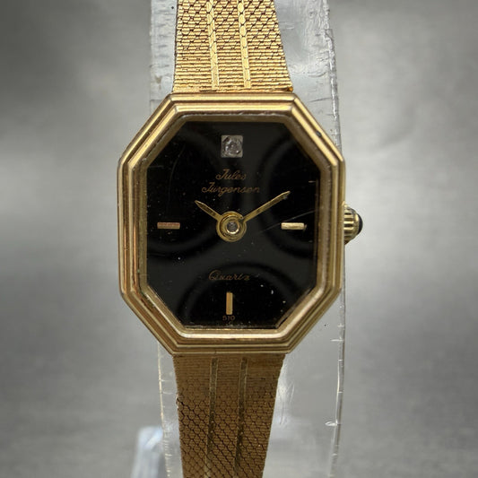 Jules Jurgenson Watch Women 15mm Black Dial Gold Tone Octagon New Battery VTG0