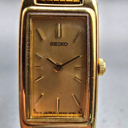 Seiko Watch Women 13mm Gold Dial Gold Tone Rectangle 2E20-7023 New Battery VTG1