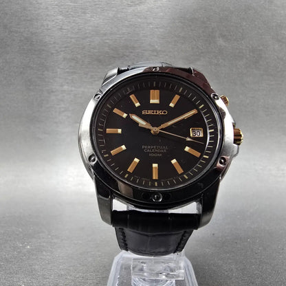 Seiko Perpetual Calendar Watch Men 39mm Black Dial Black Gold Date New Battery F5