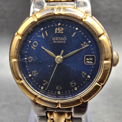 Seiko Watch Women 23mm Blue Dial Two Tone Date Round 7N82-6B79 New Battery JP4531