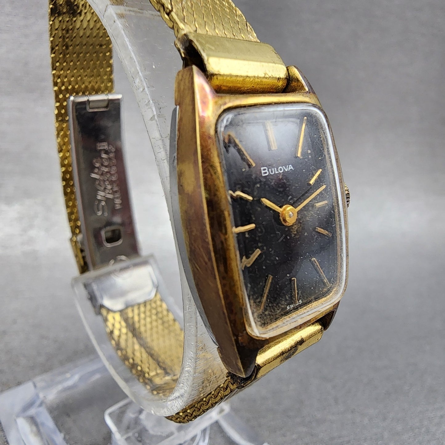 Bulova Tank Watch Women 17mm Black Dial Gold Tone Rectangle Manual Wind Runs VTG3