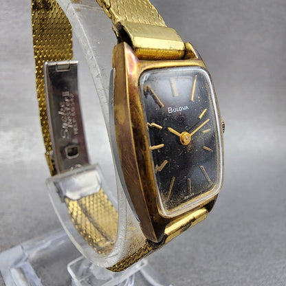 Bulova Tank Watch Women 17mm Black Dial Gold Tone Rectangle Manual Wind Runs VTG3