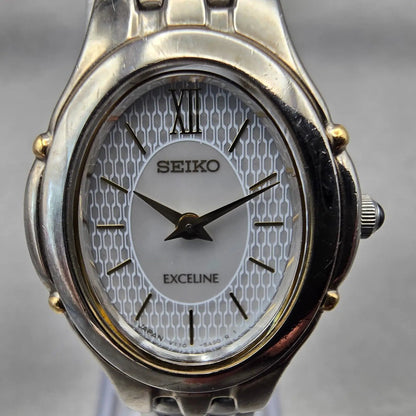 Seiko Exceline Solar Watch Women 22mm MOP Dial Silver Tone Oval V110-5A40 Works1
