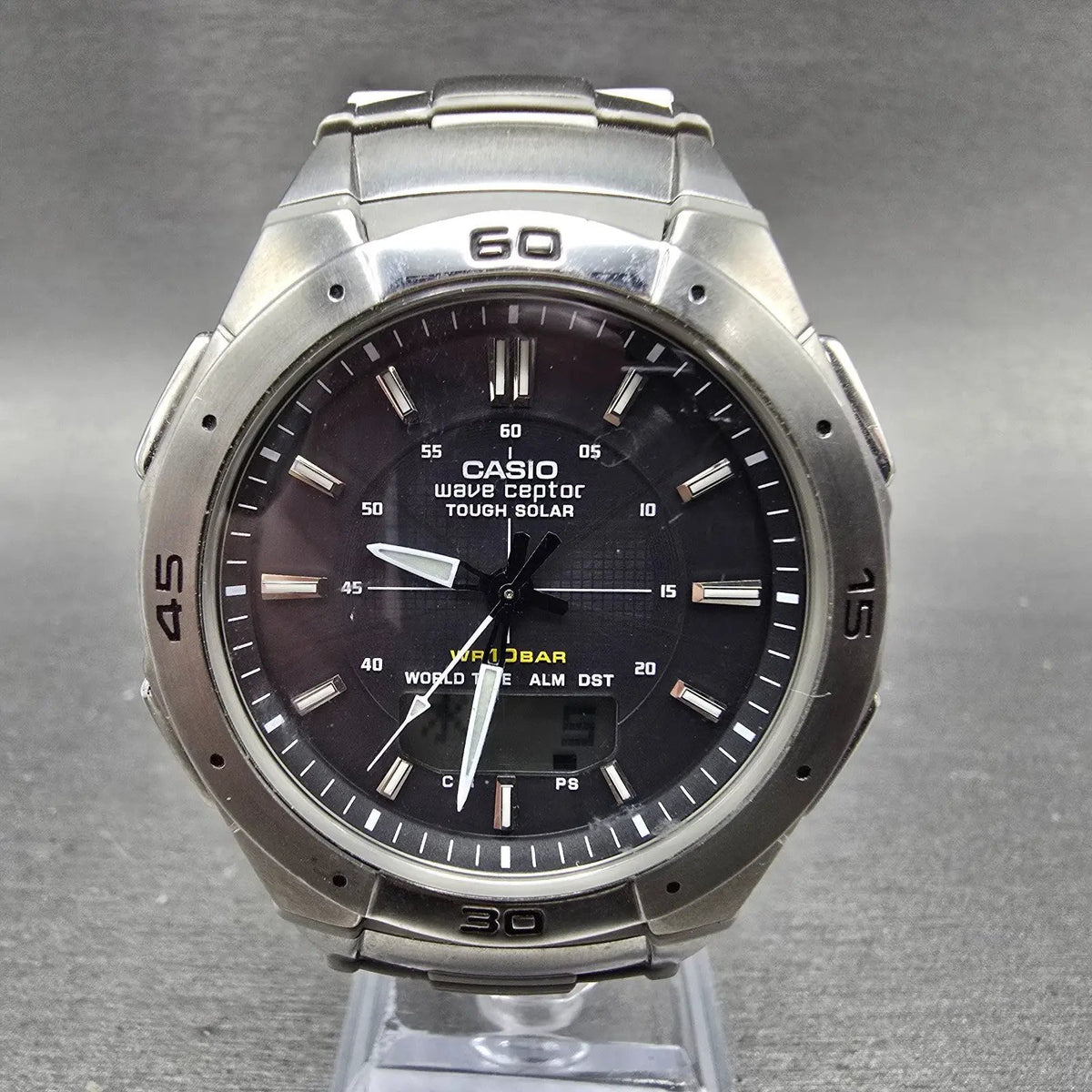 Casio Wave Ceptor Watch WVA-470 Men 42mm Black Dial Silver Alarm Chronograph LP0