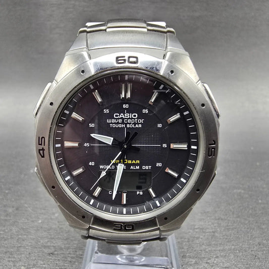 Casio Wave Ceptor Watch WVA-470 Men 42mm Black Dial Silver Alarm Chronograph LP0