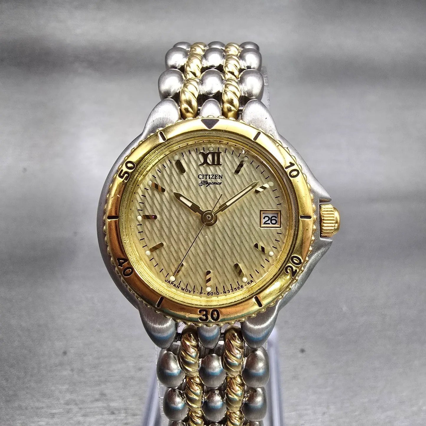 Citizen Elegance Watch Women 26mm Gold Dial Two Tone Date 6010-S45491 New Batt0
