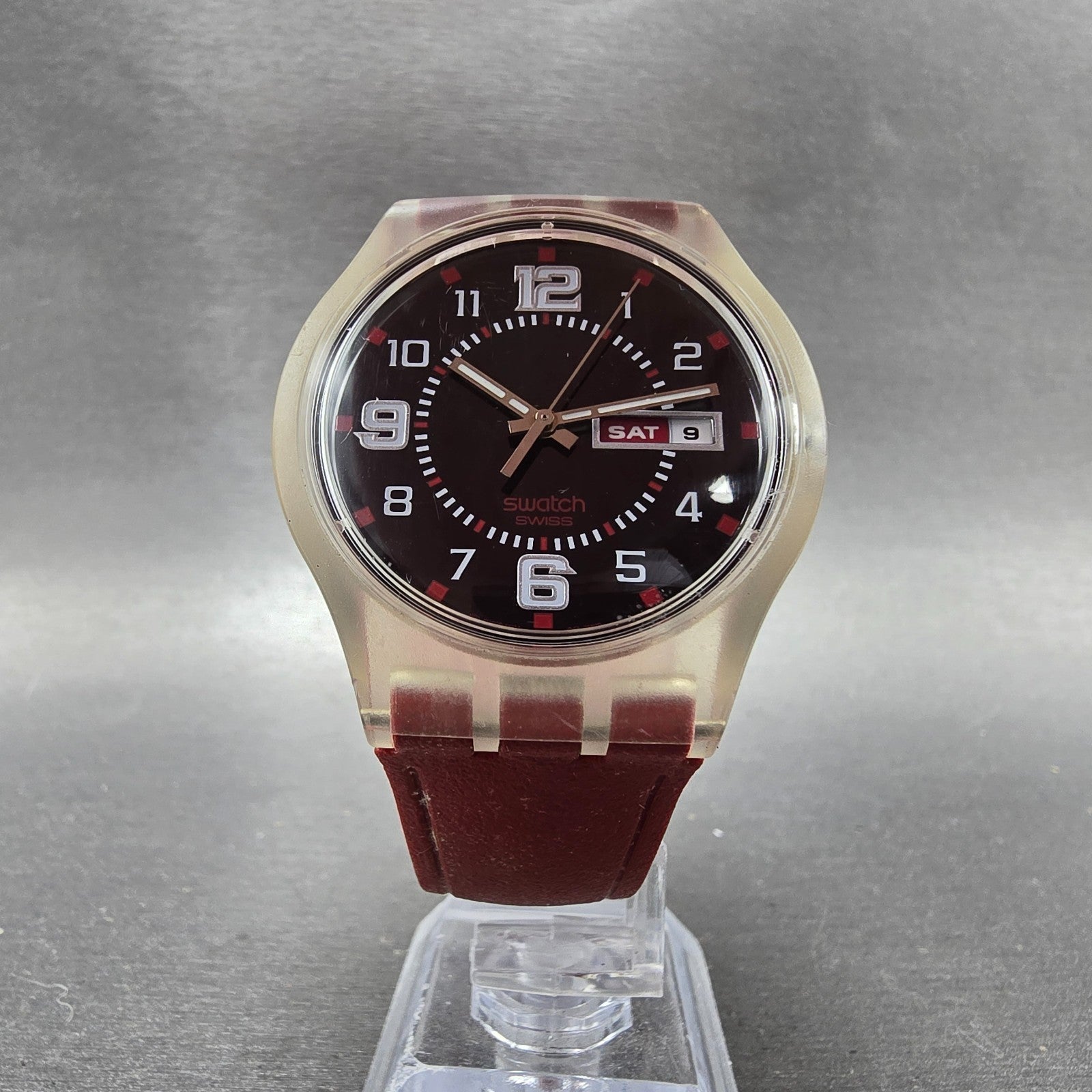 Swatch Ruby Touch Watch Men 38mm Black Dial Clear Case Daydate Round New Battery5