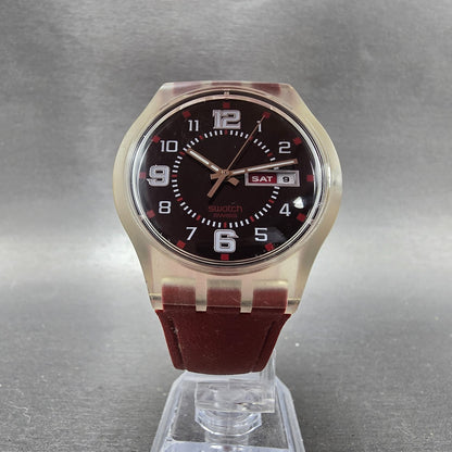 Swatch Ruby Touch Watch Men 38mm Black Dial Clear Case Daydate Round New Battery5