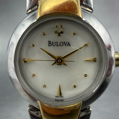 Bulova Watch Women 22mm MOP Dial Two Tone Round 98T80 Bangle New Battery JKLASD1