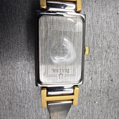 Bulova Watch Women 18mm MOP Dial Two Tone Rectangle Bangle 98L149 New Battery10