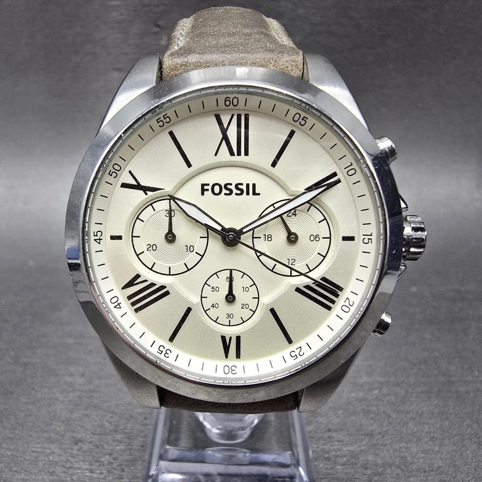 Fossil Chronograph Watch Women 40mm Cream Dial Silver Tone BQ3084 New Battery0