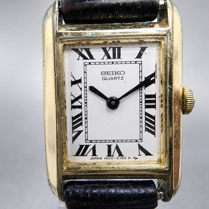 Seiko Tank Watch Women 17mm White Dial Gold Tone Rectangle 14008069 New Battery1