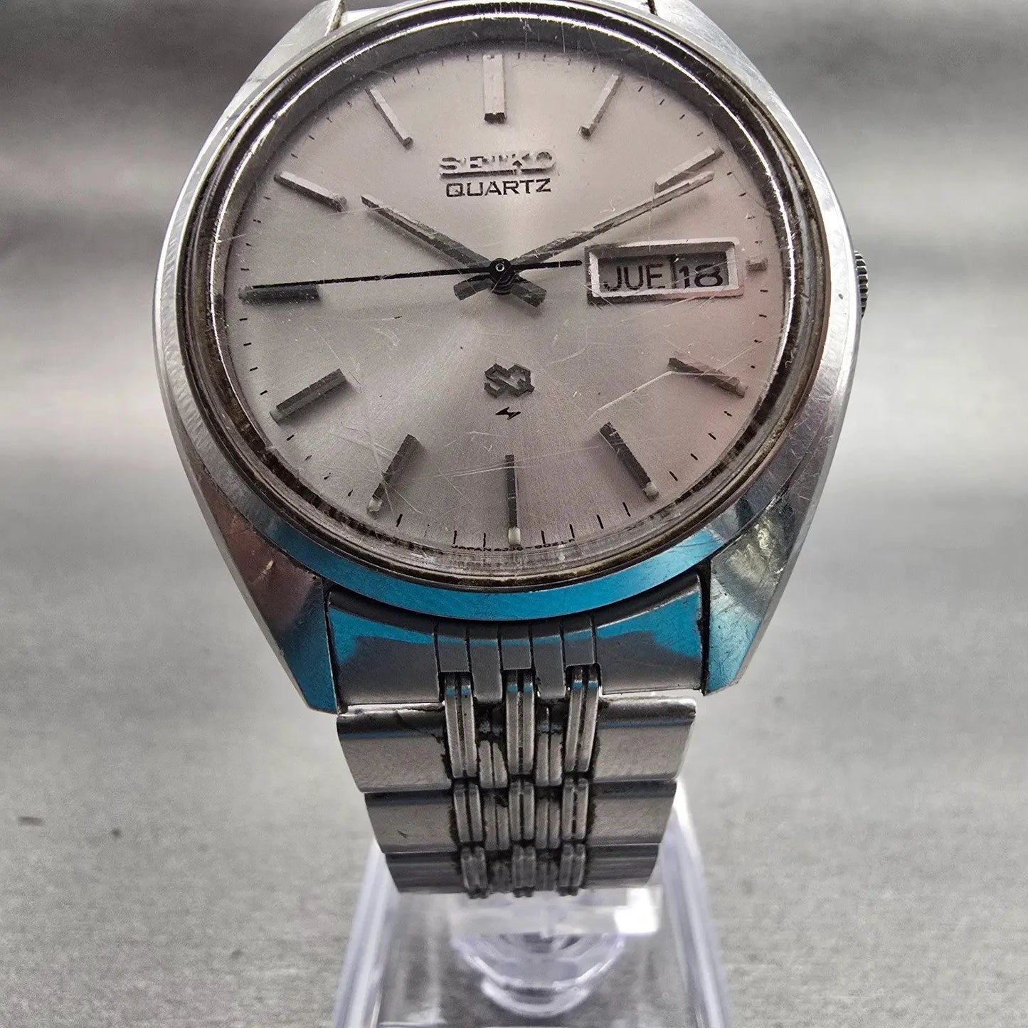 Seiko SQ Watch Men 36mm Silver Dial Silver Tone Daydate Round 4336-8089 New Batt5