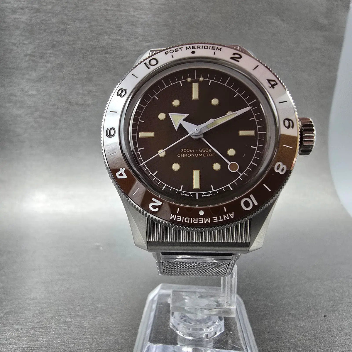 Serica Travel Chronometer Watch Men 39mm Brown Dial Steel Automatic GMT 8315-26