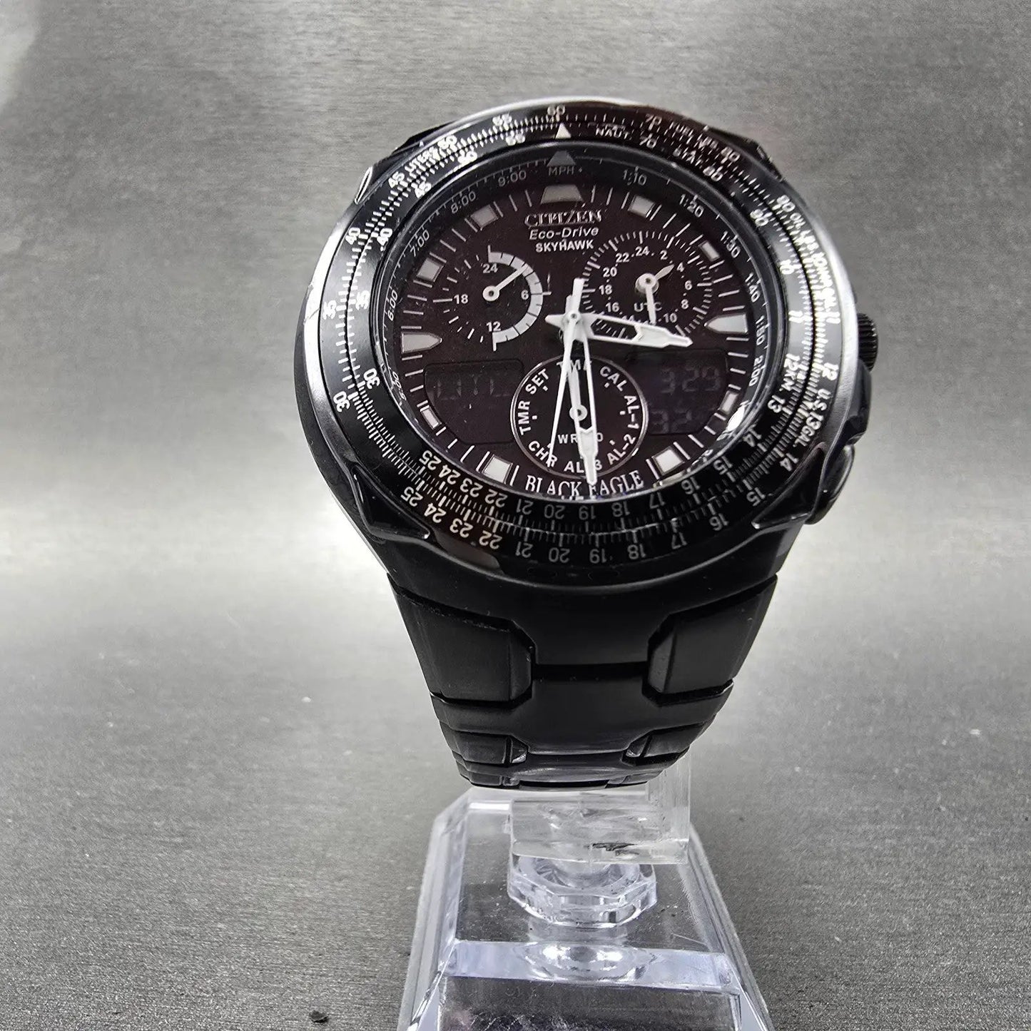 Citizen Eco-Drive Skyhawk Watch Men 43mm Black Alarm Chronograph Runs JR3155-54E5