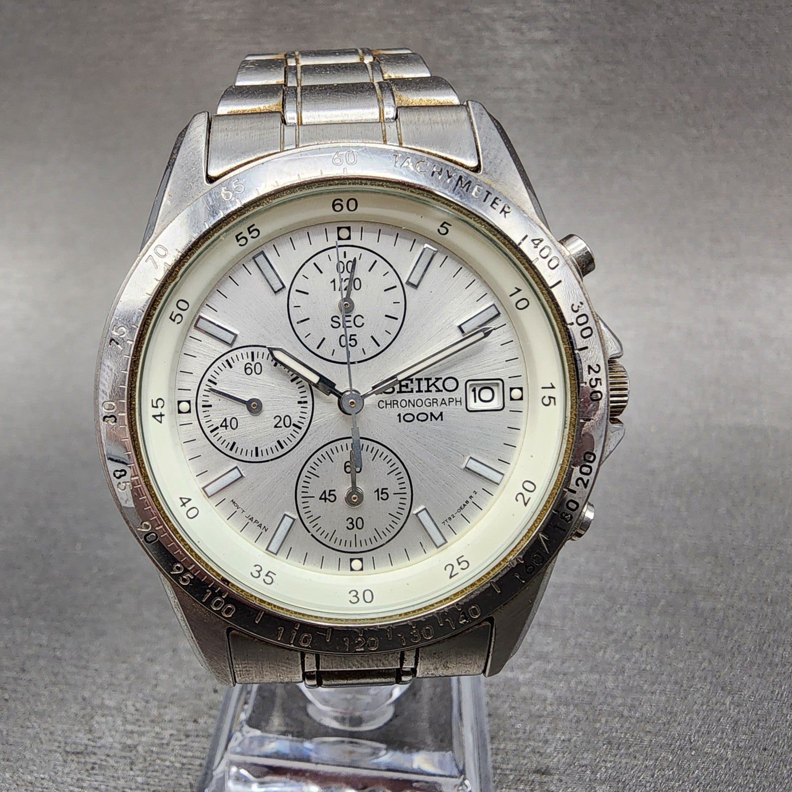 Seiko Chronograph Watch Men 39mm White Dial Silver Tone Date 7t920dw0 New Batt0