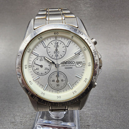 Seiko Chronograph Watch Men 39mm White Dial Silver Tone Date 7t920dw0 New Batt0