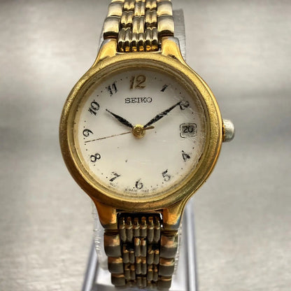 Seiko Watch Women 23mm White Dial Gold Tone Date Round 7N82-0228 New Battery VTG0