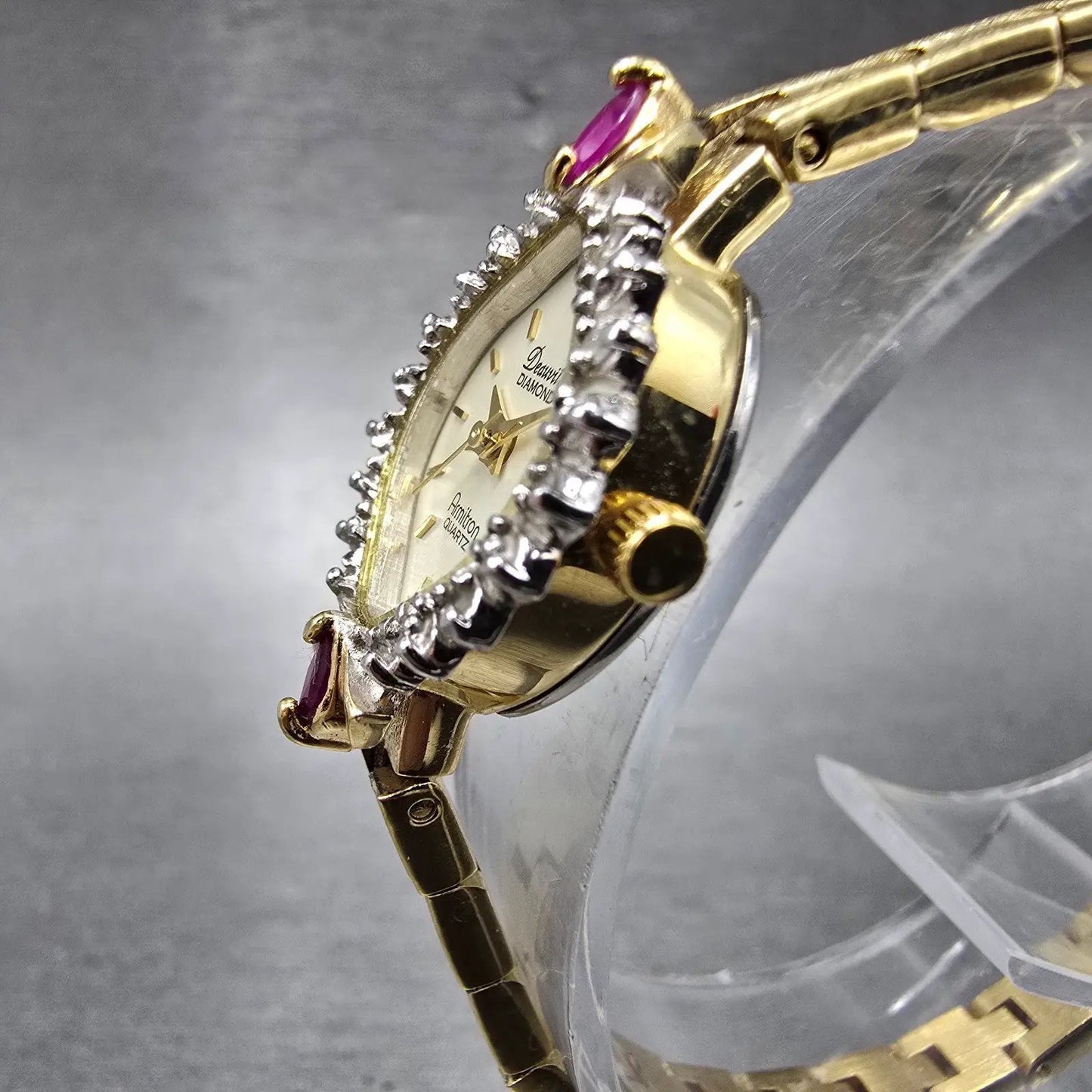 Armitron Deauville Diamond Watch Women 15mm Gold Dial Gold Ruby Oval New Battery2