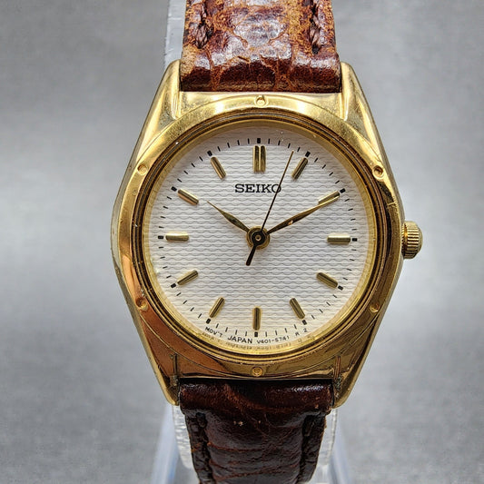 Seiko Watch Women 23mm White Dial Gold Tone Round V4011920 New Battery VTG0