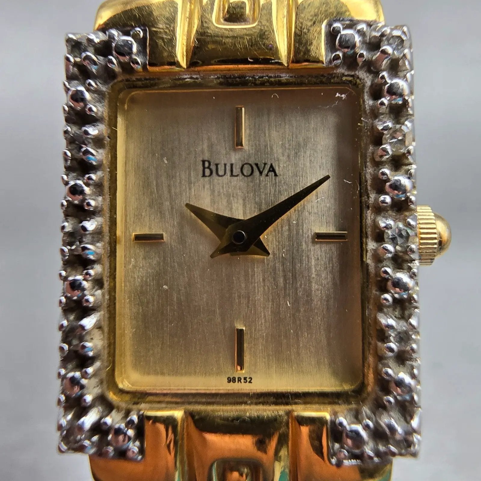 Bulova Watch Women 16mm Gold Dial Gold Tone Rectangle 98R52 New Battery Diamonds1