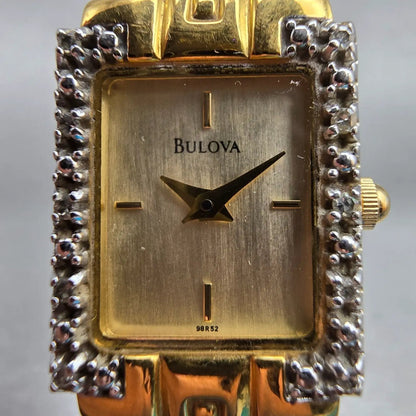 Bulova Watch Women 16mm Gold Dial Gold Tone Rectangle 98R52 New Battery Diamonds1