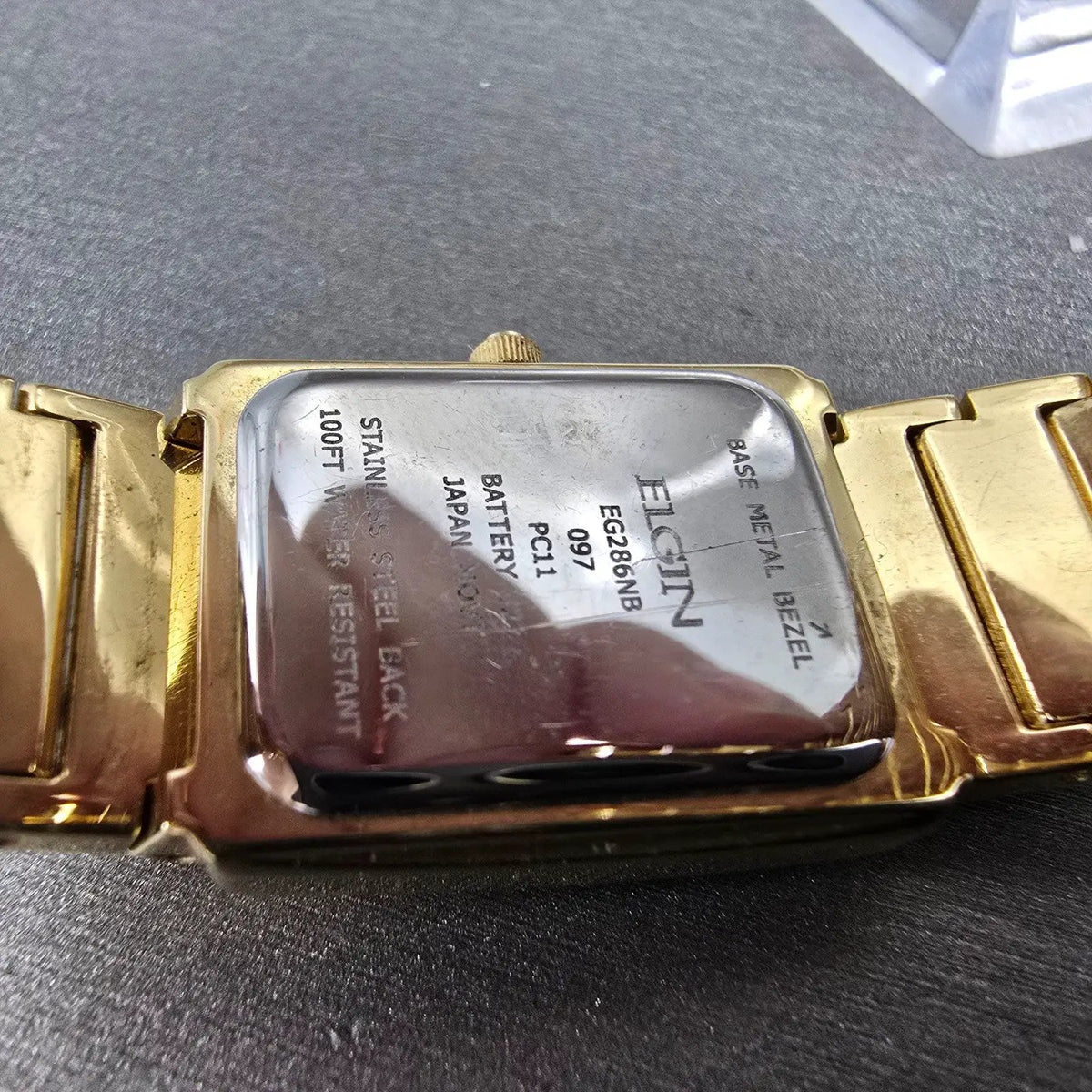 Elgin Tank Watch Women 19mm Gold Dial Gold Tone Rectangle EG286NB New Battery9
