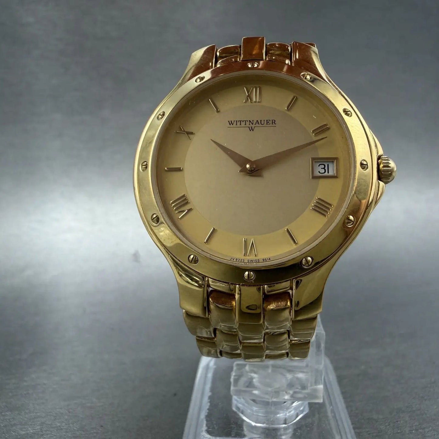 Wittnauer Watch Men 35mm Gold Dial Gold Tone Date Round JV8223 9514 PARTS6