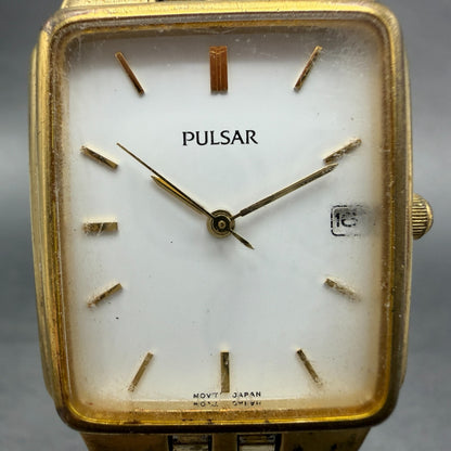 Pulsar Tank Watch Men 27mm White Dial Gold Tone Date Rectangle VX32-X154 NewBatt1