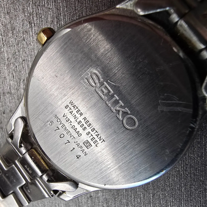 Seiko Solar Watch Women 28mm MOP Dial Two Tone Date Gemmed Round V137-0AA0 Works10