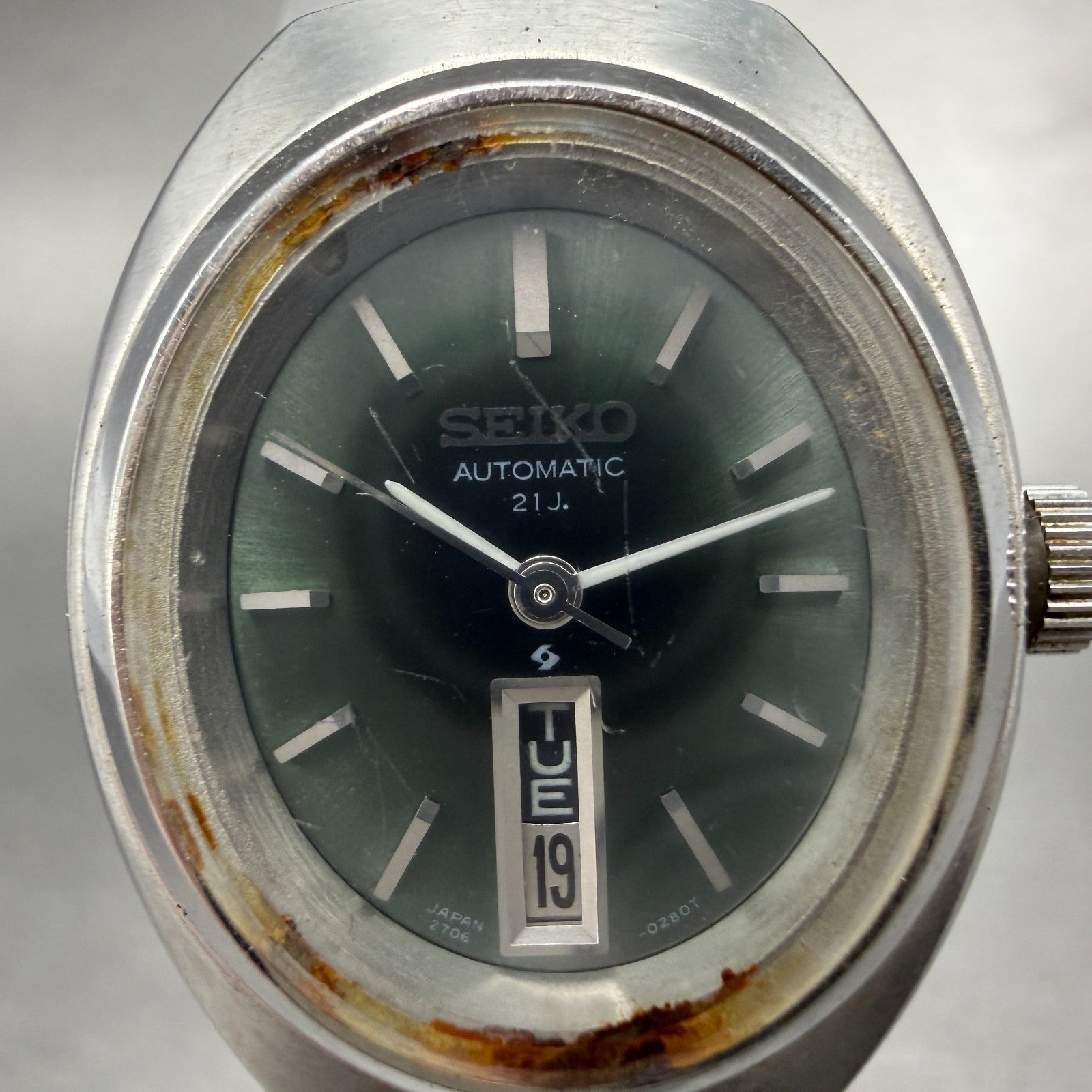 Seiko Automatic Watch Women 24mm Green Dial Silver Tone Daydate 2706-7040 Runs1