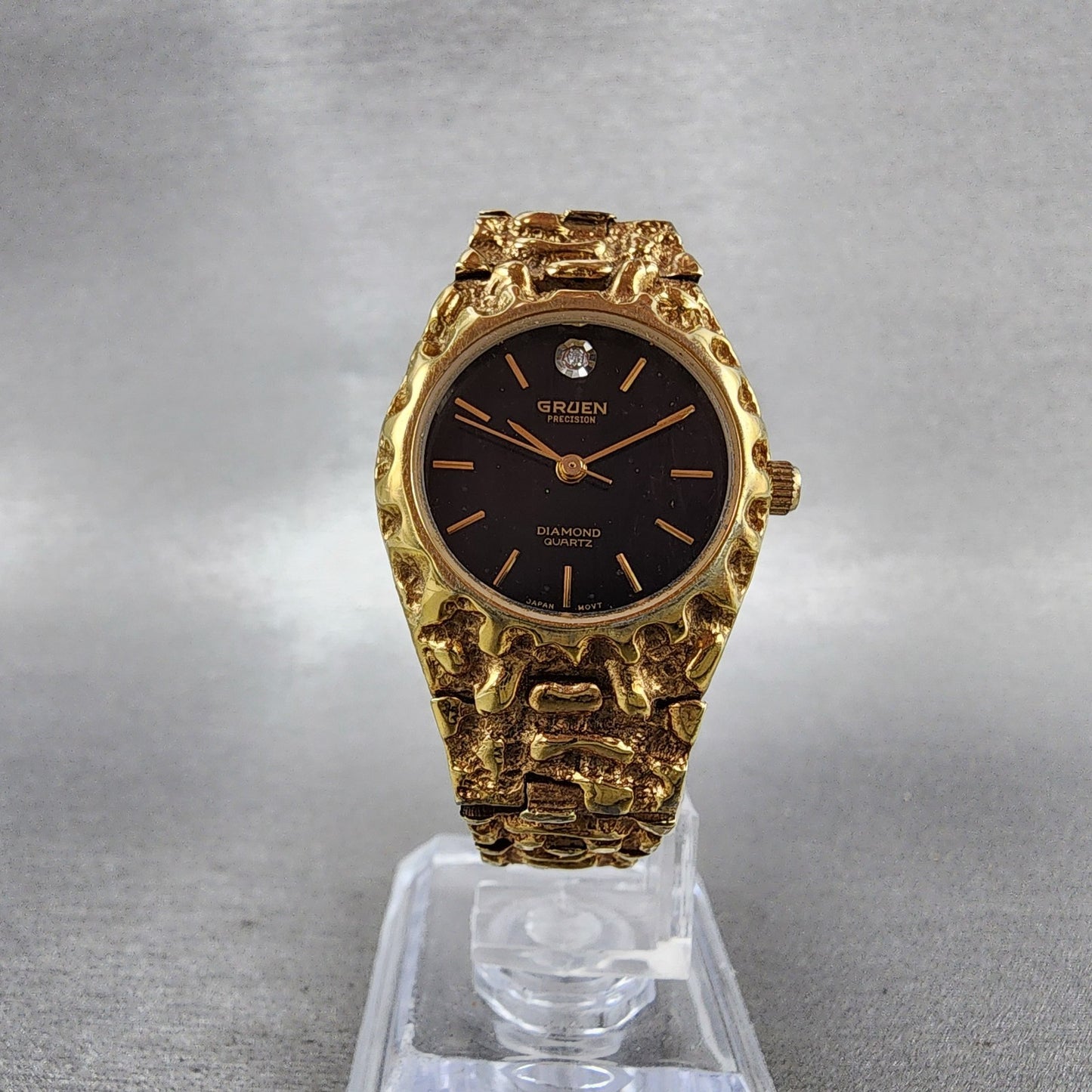 Gruen Watch Women 25mm Black Dial Gold Nugget Case Tone New Battery VTG6