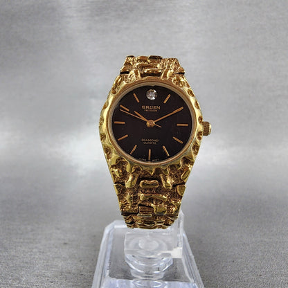 Gruen Watch Women 25mm Black Dial Gold Nugget Case Tone New Battery VTG6