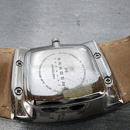 Skagen Tank Watch Women 27mm MOP Dial Silver Tone Rectangle Leather New Battery9
