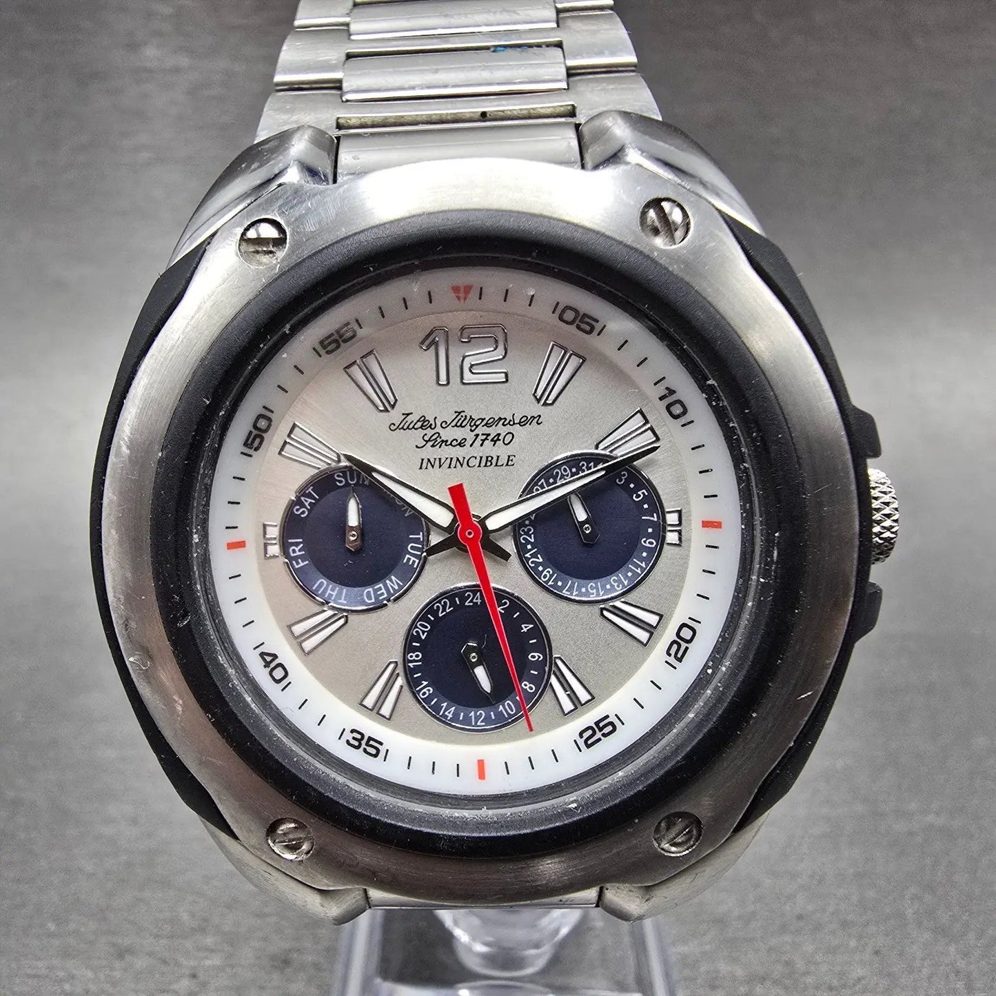 Jules Jurgenson Invincible Watch Men 44mm White Dial Silver Tone Round New Batt0