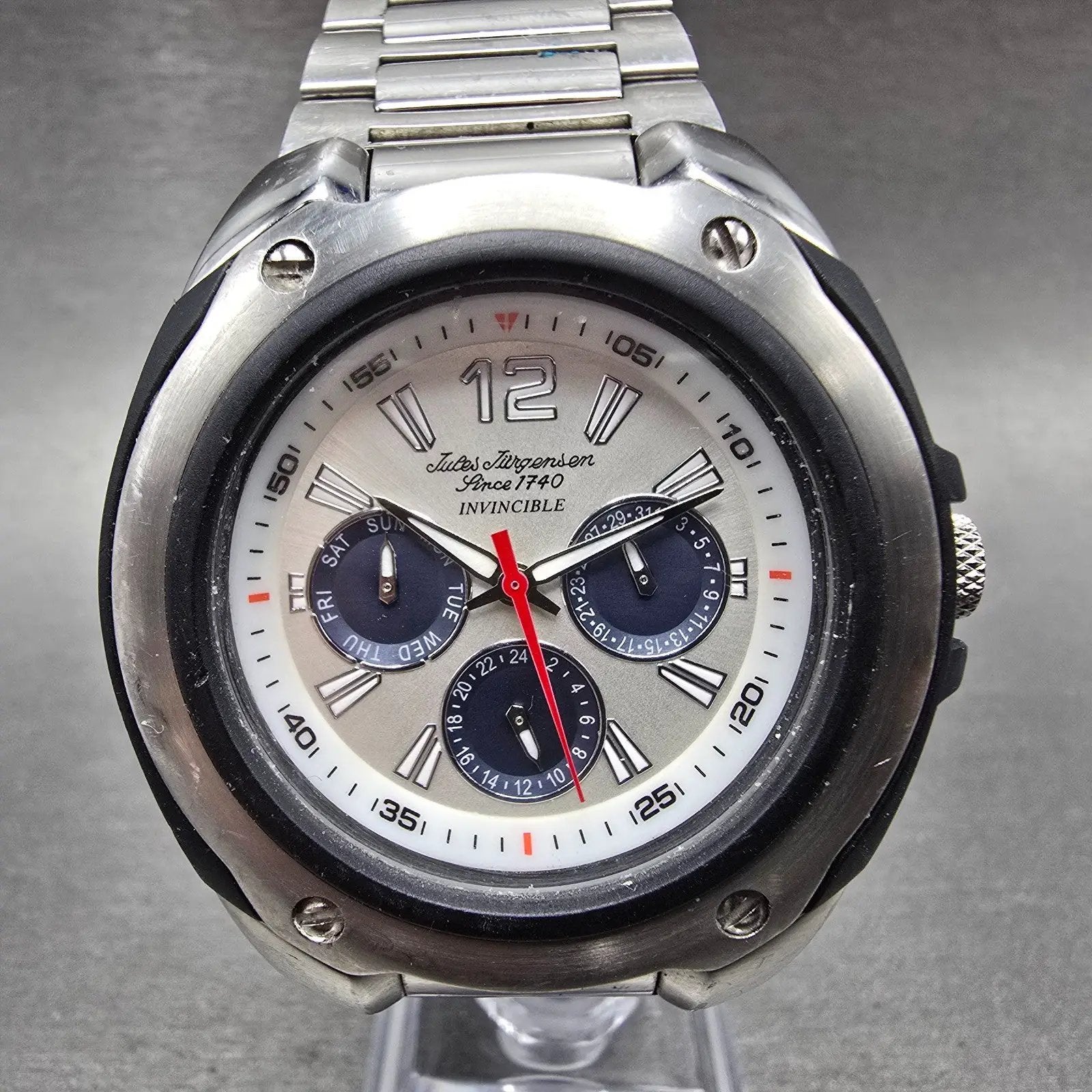 Jules Jurgenson Invincible Watch Men 44mm White Dial Silver Tone Round New Batt0